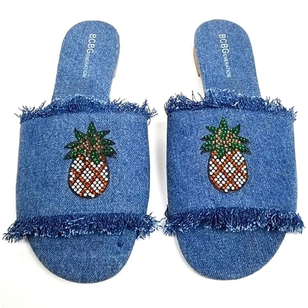 BCBGeneration Gennie Rhinestone Pineapple Frayed Fringe Denim Slip-On Slide Mule